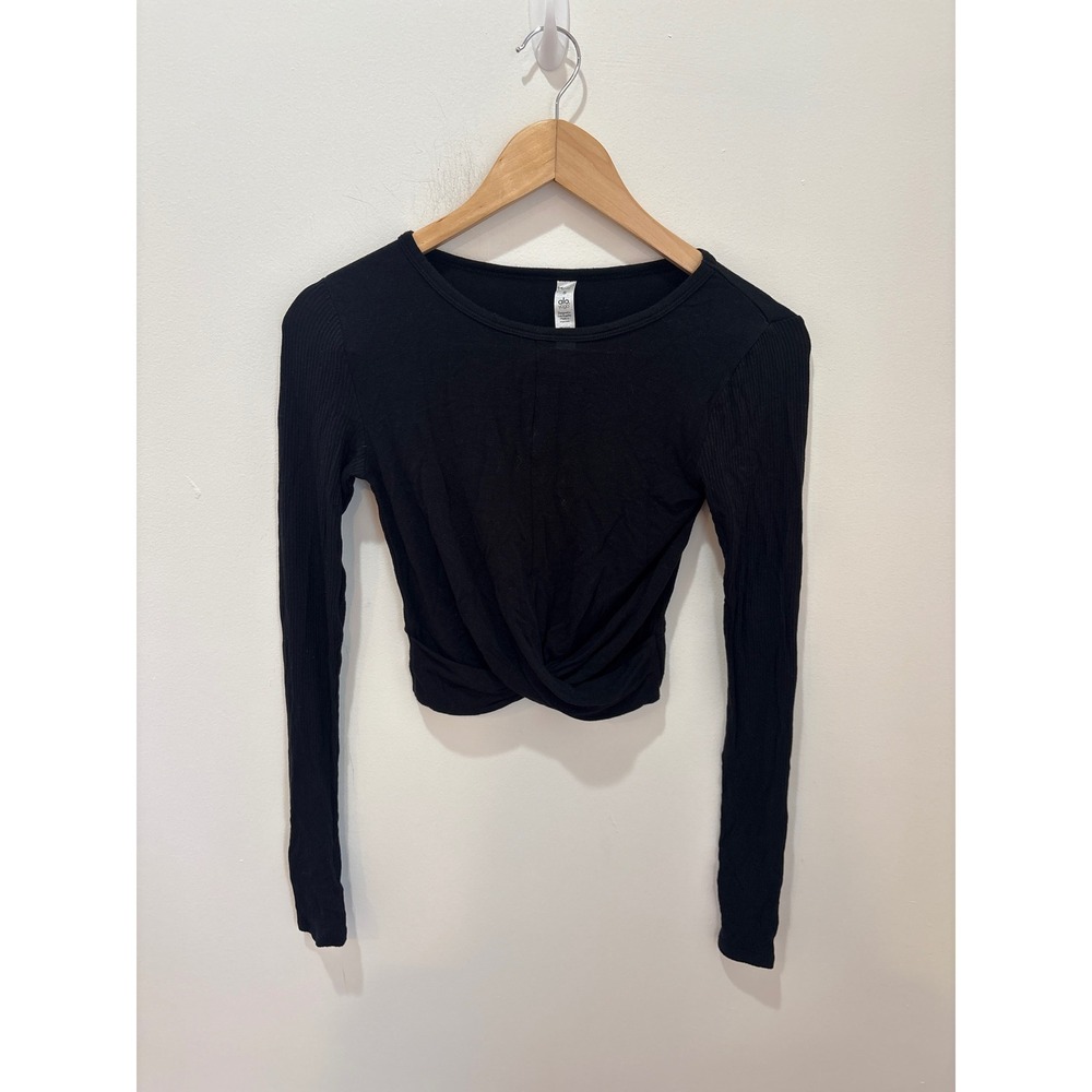 Alo Yoga Black Ribbed Front Twist Long Sleeve Crop Top Small W1276R